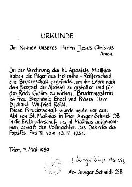 Urkunde über die Aufnahme in die Erzbruderschaft (c) St. Matthias Bruderschaft Reifferscheid